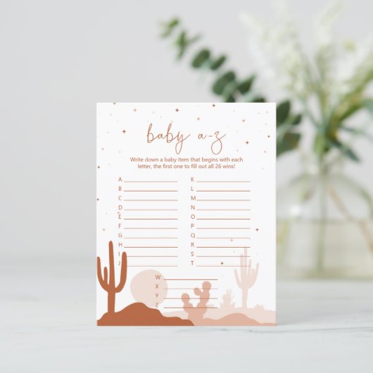 Woestijn Baby shower A-Z-gamekaart (Staand voorkant)