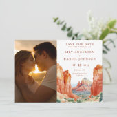 Woestijn Berg Watercolor Foto Bruiloft Save The Date (Staand voorkant)