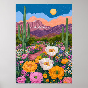 Woestijn bloeit onder maanlicht poster