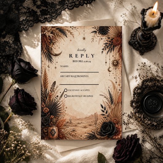 Woestijn Boho Goth Huwelijk RSVP Kaartje