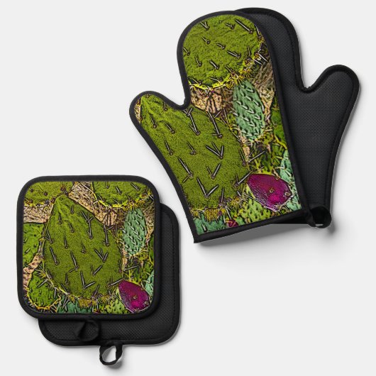 Woestijn Botanische Prickly Peart Cactus Ovenwant & Pannenlap Set (Voorkant / Achterkant)