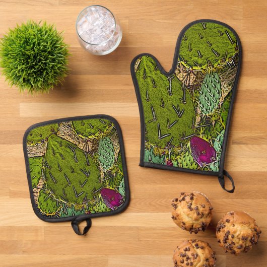 Woestijn Botanische Prickly Peart Cactus Ovenwant & Pannenlap Set (Top down)
