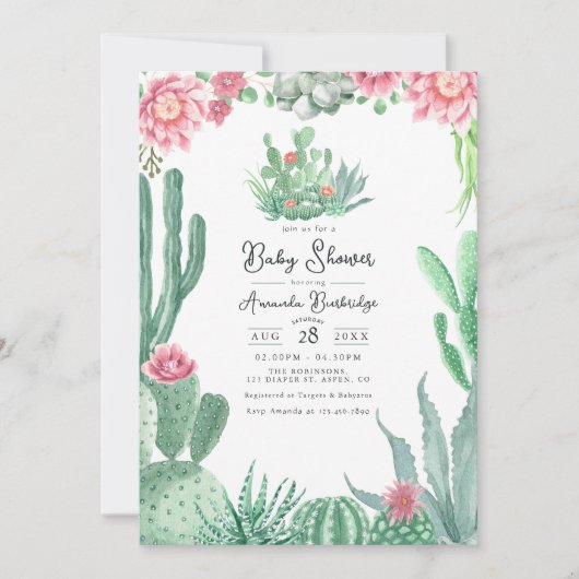 Woestijn Cactus Bloemige Baby Shower Kaart (Voorkant)