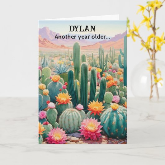 Woestijn Cactus Grappige Gepersonaliseerde Verjaar Kaart (Gele Bloem)