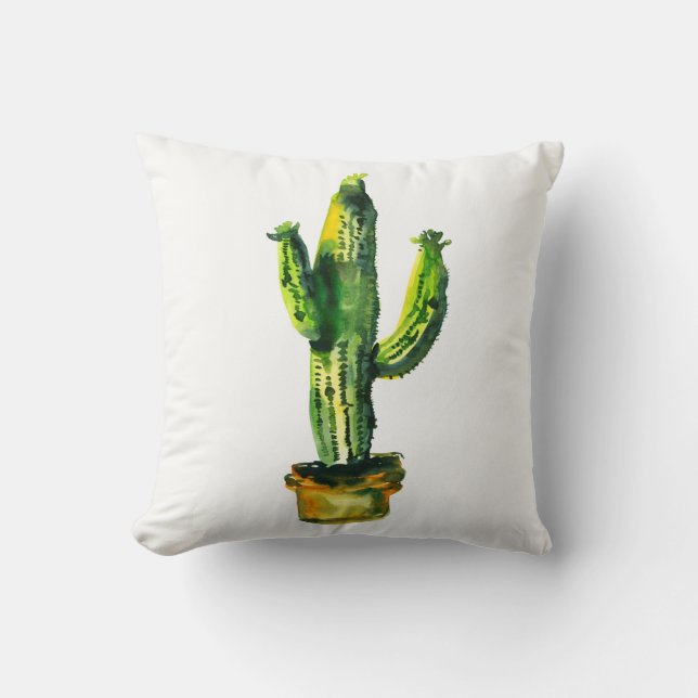 Woestijn Cactus Plant Waterverf Zuidwesterse Boho Kussen (Voorkant)
