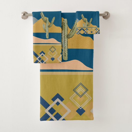 Woestijn Cactus Scène en Geometrische Trim Bad Handdoek (Insitu)