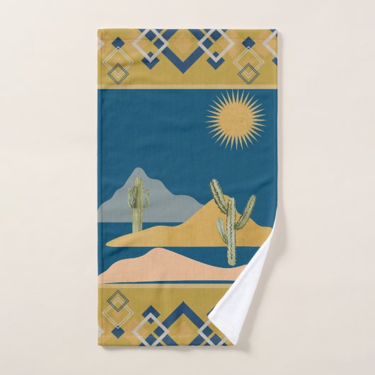 Woestijn Cactus Scène en Geometrische Trim Bad Handdoek (Handdoek)