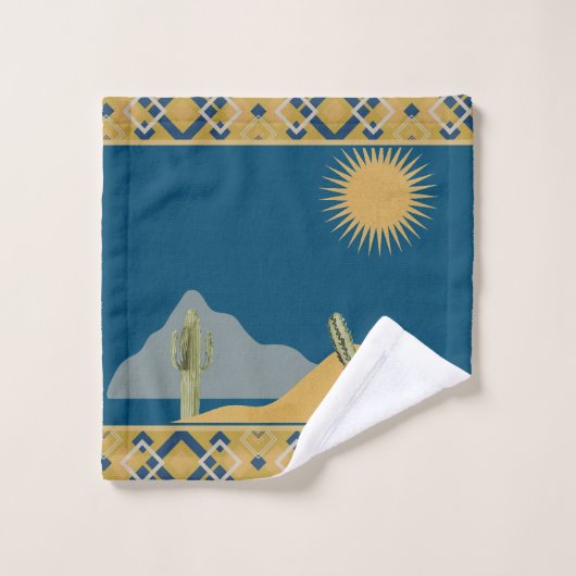 Woestijn Cactus Scène en Geometrische Trim Bad Handdoek (Wasdoekje)