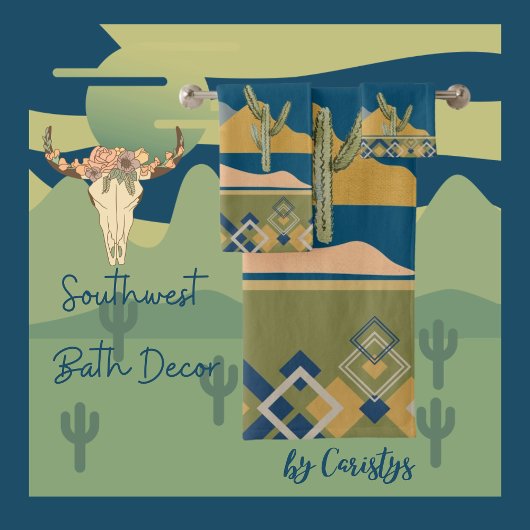 Woestijn Cactus Scène en Geometrische Trim Bad Handdoek