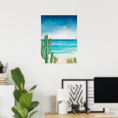 Woestijn Cactus Strand Zee Zeegezicht Waterverfsch Poster (Thuiskantoor)