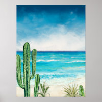 Woestijn Cactus Strand Zee Zeegezicht Waterverfsch
