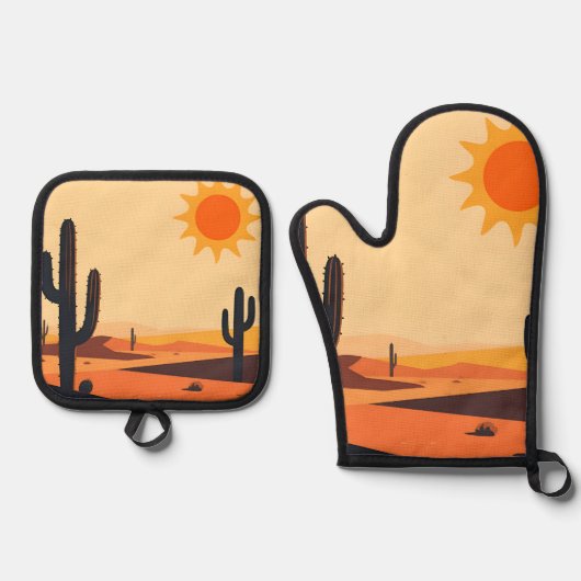 Woestijn Cactus Zonsondergang Silhouet Ovenwant & Pannenlap Set (Voorkant)