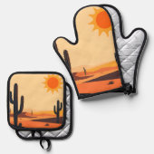 Woestijn Cactus Zonsondergang Silhouet Ovenwant & Pannenlap Set (Voorkant / Achterkant)