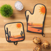 Woestijn Cactus Zonsondergang Silhouet Ovenwant & Pannenlap Set (Top down)
