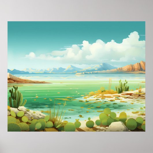 Woestijn door het Zee Strand Cactus Schilderij Poster (Voorkant)