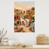 Woestijn Dorps Zonsondergang Kunst - Boho Kleurrij Poster (Keuken)