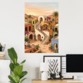 Woestijn Dorps Zonsondergang Kunst - Boho Kleurrij Poster (Thuiskantoor)