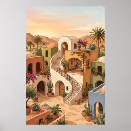 Woestijn Dorps Zonsondergang Kunst - Boho Kleurrij Poster