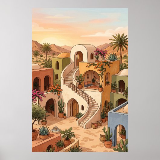 Woestijn Dorps Zonsondergang Kunst - Boho Kleurrij Poster (Voorkant)