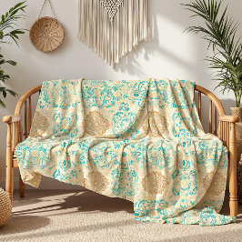 Woestijn Droom Vintage Zand & Turquoise Bloemen Fleece Deken