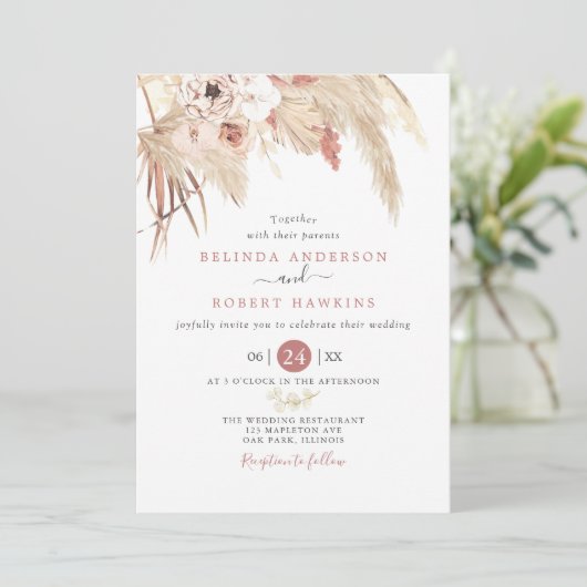 Woestijn Dusty Roos Boho Pampas Grass Wedding Kaart (Staand voorkant)