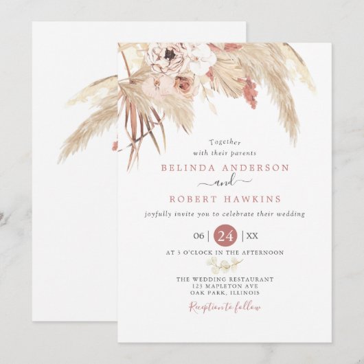 Woestijn Dusty Roos Boho Pampas Grass Wedding Kaart (Voorkant / Achterkant)