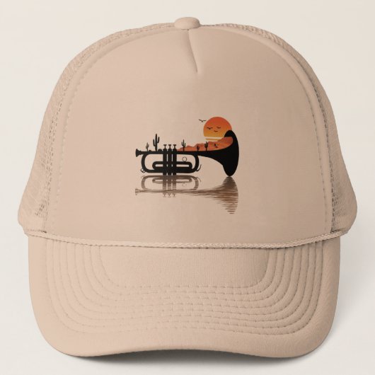 "Woestijn Echo's – Trompet Zonsondergang Surrealis Trucker Pet (Voorkant)