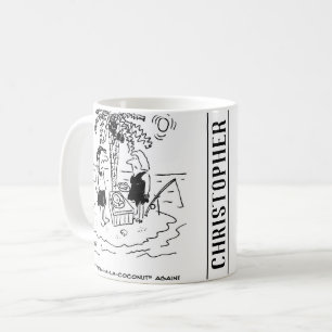 Woestijn eiland. Maaltijd is vis a la Coconut. Koffiemok