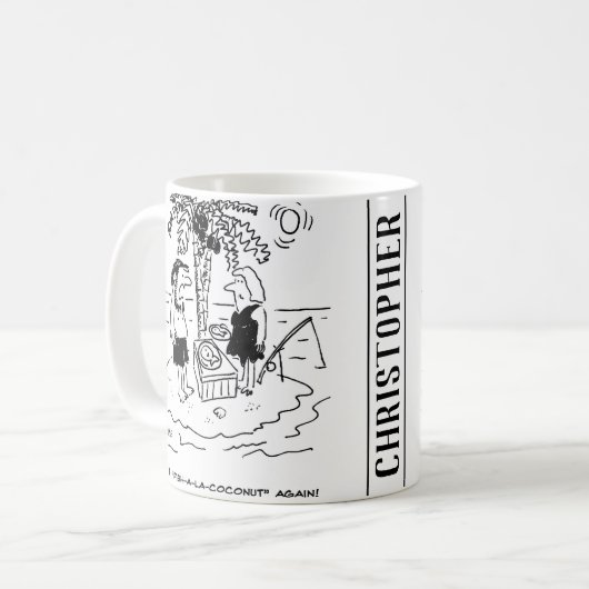 Woestijn eiland. Maaltijd is vis a la Coconut. Koffiemok (Voorkant links)