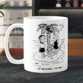 Woestijn eiland. Man denkt dat maaltijd vis is. Koffiemok