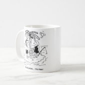 Woestijn eiland. Man denkt dat maaltijd vis is. Koffiemok (Voorkant links)