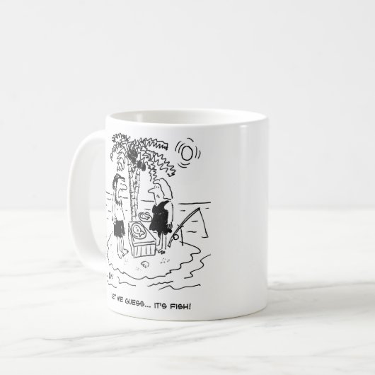 Woestijn eiland. Man denkt dat maaltijd vis is. Koffiemok (Voorkant links)