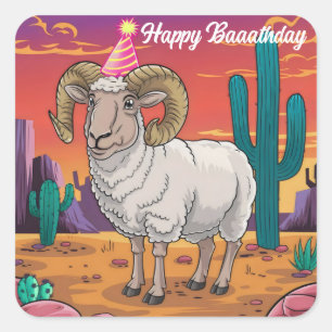 Woestijn grote hoorn schapen & cactus cartoon vierkante sticker