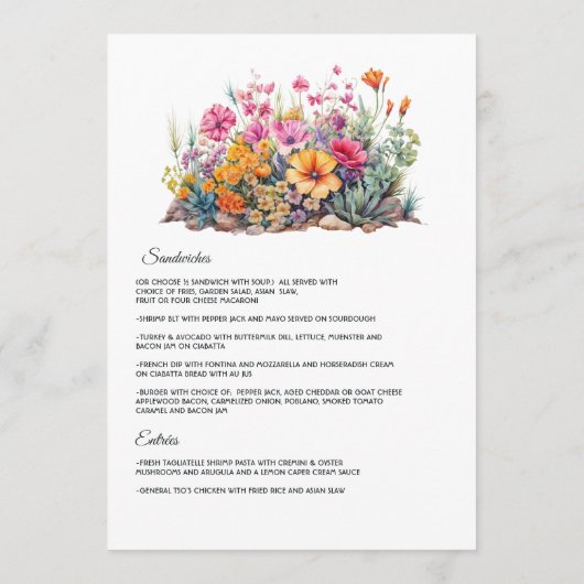 Woestijn Hues Bloemen Bruiloft Menu (Achterkant)