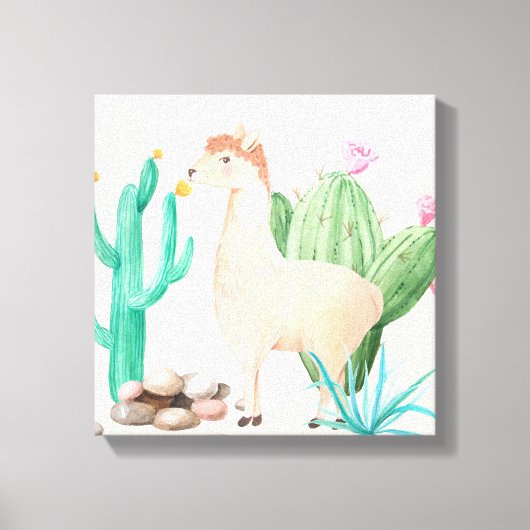 Woestijn Lama Cactus Bloemen Natuur Canvas Afdruk (Voorkant)