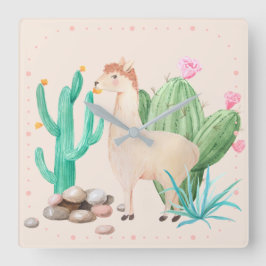 Woestijn Lama Cactus Bloemen Vierkante Klok