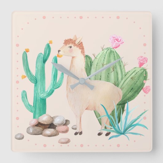 Woestijn Lama Cactus Bloemen Vierkante Klok (Voorkant)
