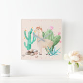 Woestijn Lama Cactus Bloemen Vierkante Klok (Huis)