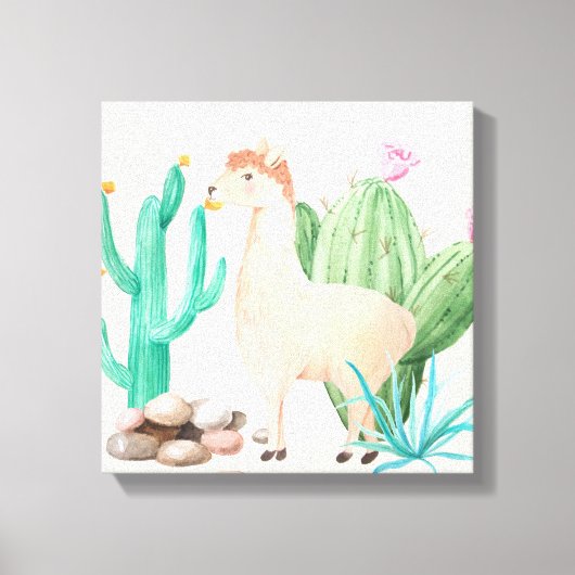 Woestijn LIama Cactus Bloemen Canvas Afdruk (Voorkant)