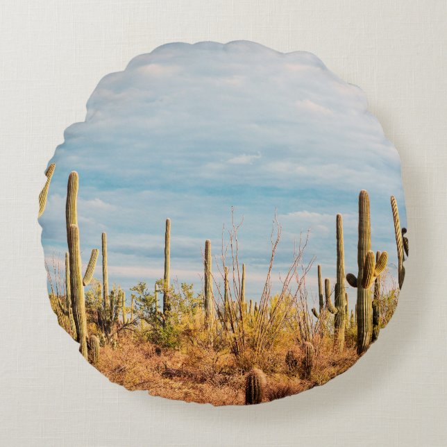Woestijn met Saguaro cacti Rond Kussen (Voorkant)