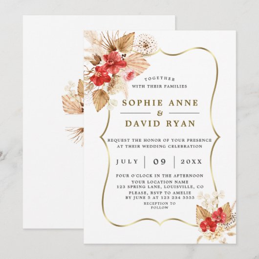 Woestijn Pampas Grass Red Orchids Gold Wedding Kaart (Voorkant / Achterkant)