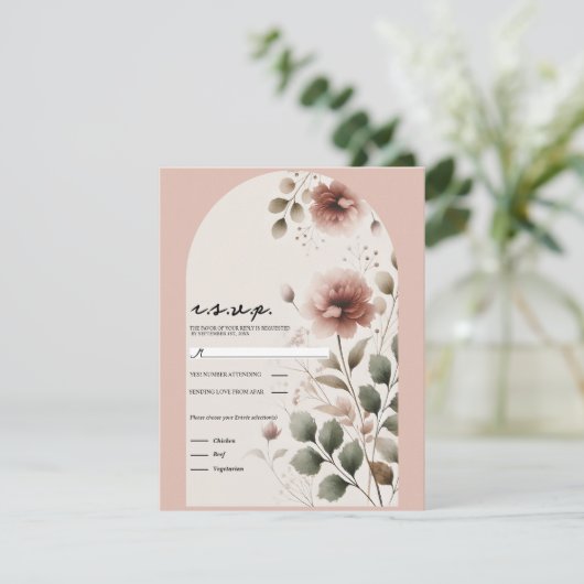 Woestijn Roos Roze Bloemen Greenery Wedding RSVP Kaart (Staand voorkant)