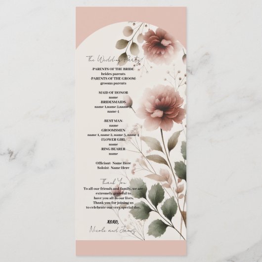 Woestijn Roos Roze Bloemen Groen Bruiloftsprogramm Programmakaart (Achterkant)