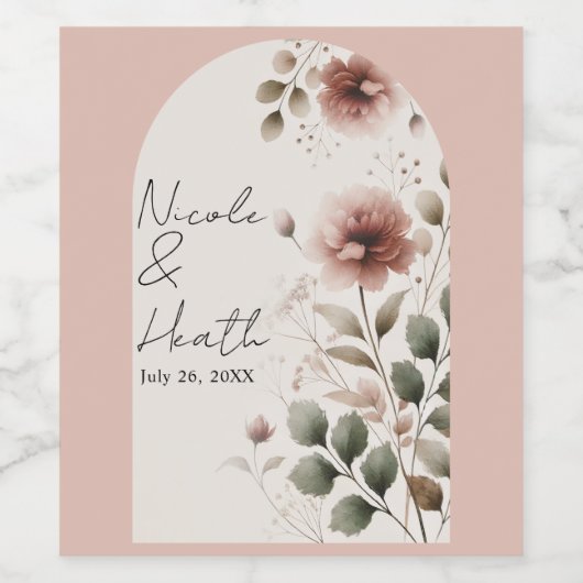 Woestijn Roos Roze & Groen Bloemen Greenery Weddin Wijn Etiket (Enkel label)