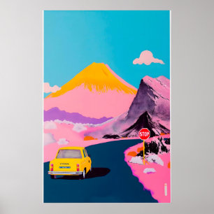 Woestijn Snelweg Kunstprint Gele Auto, Vulkaan Poster