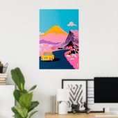Woestijn Snelweg Kunstprint Gele Auto, Vulkaan Poster (Thuiskantoor)