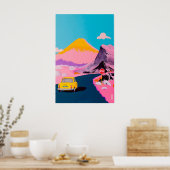 Woestijn Snelweg Kunstprint Gele Auto, Vulkaan Poster (Keuken)