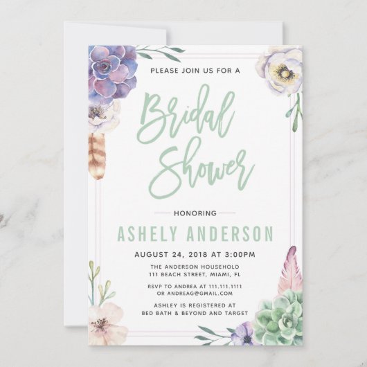 Woestijn Succulent Boho Bruids Douche Uitnodiging (Voorkant)