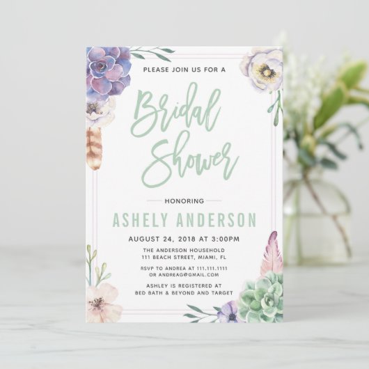 Woestijn Succulent Boho Bruids Douche Uitnodiging (Staand voorkant)