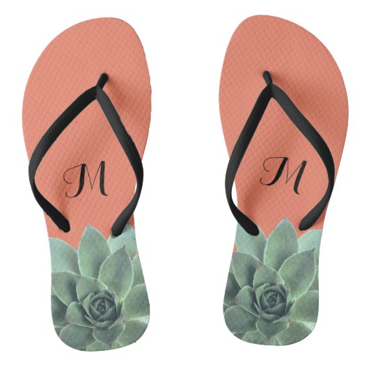 Woestijn Succulent Monogram Groen Peach Teenslippers (Voetbed)
